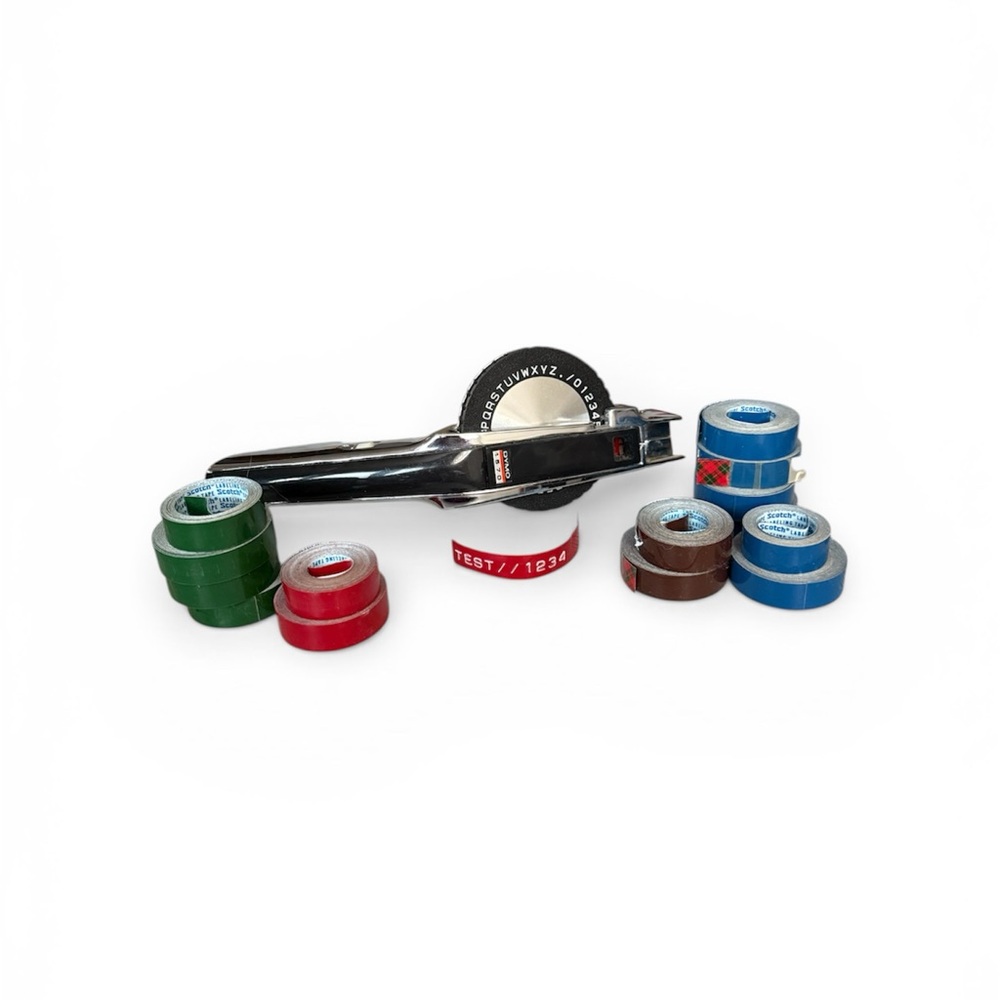 Dymo 1570 Label Gun Vintage with Brown, Blue, Red, and Green Label Rolls
